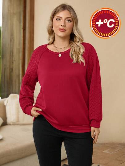 Rosumi Plus Size Women's Street Casual Red Full Sweatshirt Different Material Raglan Sleeve Sweatshirt Suitable For Autumn And Winter Wear Fall Clothes For Women Winter Clothes   Burgundy Top Pullover For Women Red Pullover Women