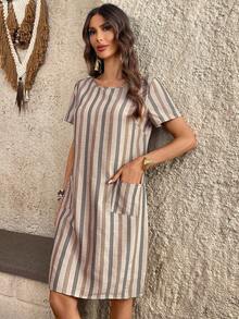 EMERY ROSE 女士条纹印花口袋圆领休闲短袖迷你连衣裙，短袖条纹连衣裙，夏季休闲连衣裙，带口袋女士夏季连衣裙，竖条纹短裙，亚麻夏季连衣裙，度假连衣裙，夏季假日服装，女士休闲连衣裙，外出服装，女士海滩度假服装 - 彩色 - 查看 4