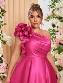 Lovelzi Plus Size Women's Elegant Romantic Red Satin One-Shoulder Pleated Exaggerated 3D Floral A-Line Midi Dress, Suitable For Formal Balls, Galas, And Parties - Hot Pink - View 2