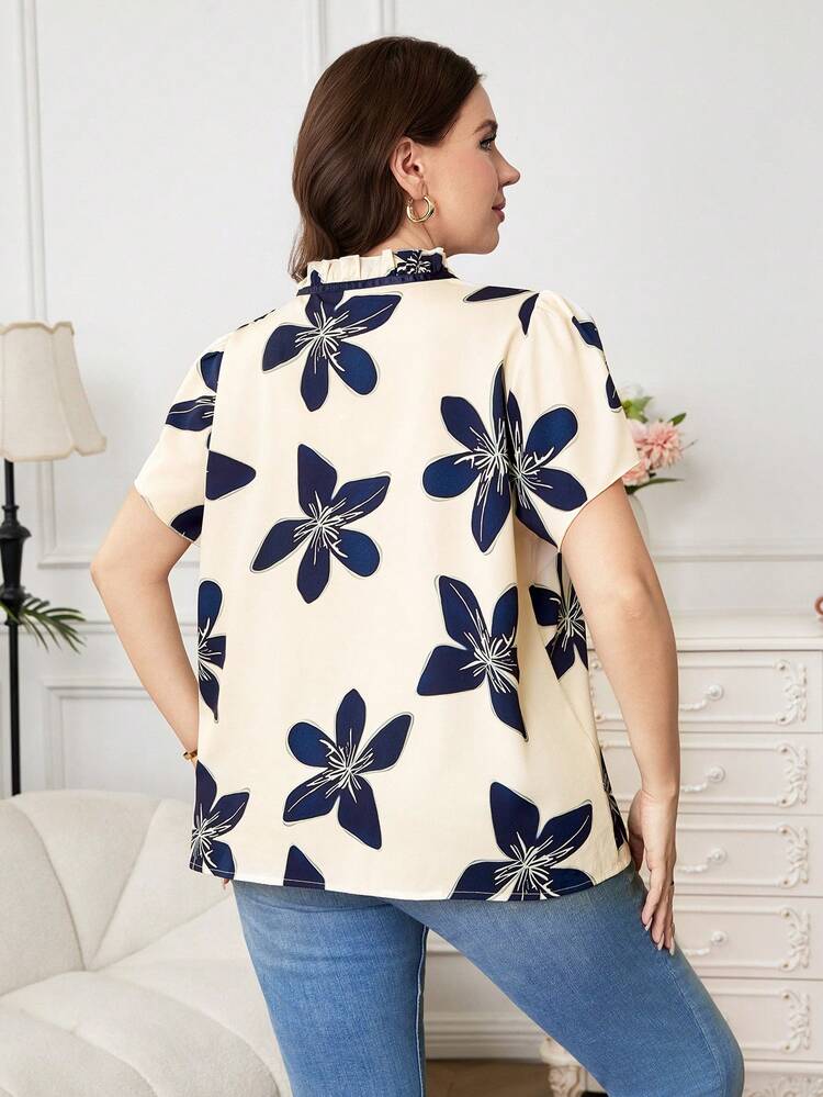 SHEIN Clasi Plus Size Women Floral Print Ruffle Tie Neck Casual Blouse With Puff Sleeves,Beige Summer Elegant Office Work Top,Everyday Birthday Blouses - Multicolor - View 2
