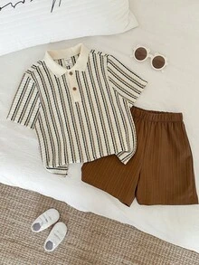 SHEIN Bộ 2 món thời trang cho bé trai, áo polo tay ngắn kẻ sọc và quần short, thoải mái mặc hàng ngày, mùa xuân/hè. - màu nâu - Xem 7