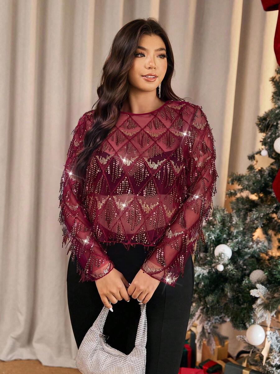 Elaquor 大码亮片装饰薄纱时尚圆领长袖衬衫 - 酒紅色 - 查看 1