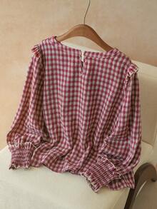 Elaquor Plus Size Casual Plaid Long Sleeve Shirt, Autumn Casual For Women Casual Red Plaid Blouse - Red - View 2