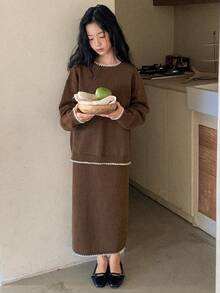 DAZY 2pcs/Set Tween Girls Casual Colorblock Sweater Skirt, Fall - Brown - View 5