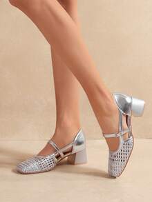 SHUZIA Ladies Crochet Raffia Mary Jane Pumps Valentine's Day Summer Shoes - Silver - View 2