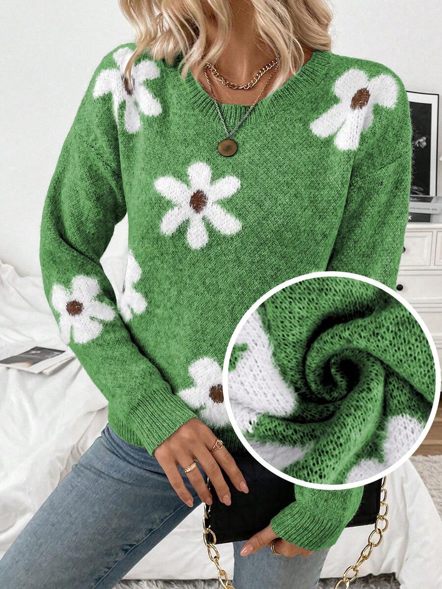 SHEIN LUNE Sweater Rajut Wanita Kasual Bermotif Bunga Lembut, Leher Bulat, Bahu Longgar, Lengan Panjang, Musim Gugur/Dingin - Lime Green - View 1