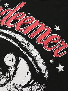 ROMWE MEN Street Life Camiseta de manga corta de corte holgado con hombros caídos y estampado a mano para hombre - Negro - Ver 4