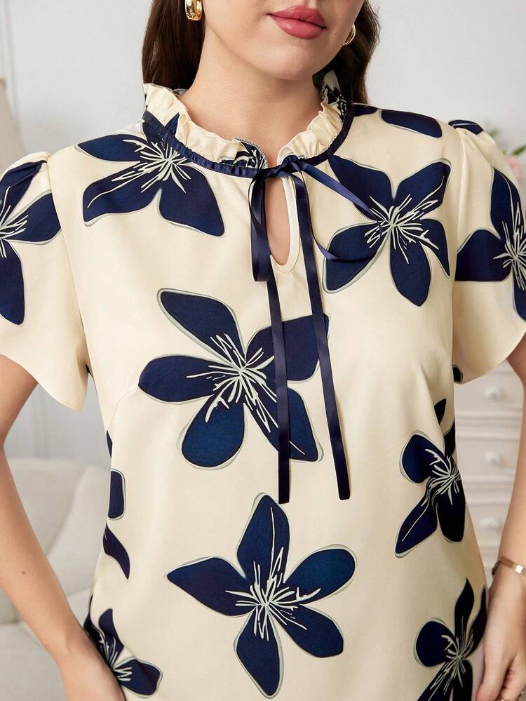 SHEIN Clasi Plus Size Women Floral Print Ruffle Tie Neck Casual Blouse With Puff Sleeves,Beige Summer Elegant Office Work Top,Everyday Birthday Blouses - Multicolor - View 3
