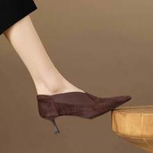 Nuevas botas pequeñas francesas y botas de tobillo temperamento puntiagudo tacón alto mujeres invierno con terciopelo engrosado zapatos de cuero negro, Zapatos de tacón de mujer - Marrón - Ver 1