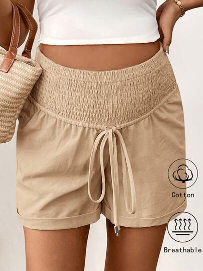 SHEIN Quần short bầu bằng vải cotton lanh, cạp chun, dáng rộng, thoải mái, có dây rút.