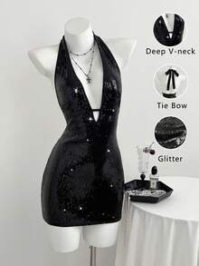 Elamini Women's Summer Sequin Dress - Sexy Deep V-Neck Party Dress For Christmas And New Year - Black - View 1