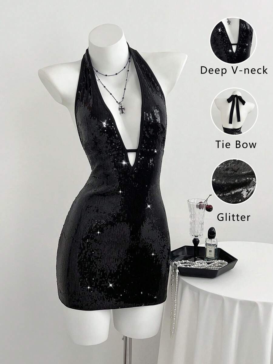Elamini Women's Summer Sequin Dress - Sexy Deep V-Neck Party Dress For Christmas And New Year - Black - View 1