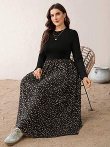 Vestido largo negro de manga larga con cintura ajustada, cómodo y versátil para uso diario, con bolsillos, para mujeres de talla grande, atuendo de otoño - Negro - Ver 4