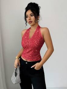 Elenzga Atasan Camisole Tanpa Lengan Leher V Berhiaskan Payet Merah Muda Cerah untuk Wanita, Gaun Pesta Rave Malam Klub Techno Musim Panas, Pinggang Berkerut dengan Cincin Logam yang Elegan - Merah - View 7