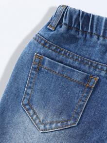 SHEIN 1pc Baby Girls' Denim Wide Leg Pants Sweet & Cute Casual Vacation Style Recommended Pink Bow 3D Felt Embroidery Lively & Playful Light Blue Washed Denim Elastic Waistband For Comfort And Easy Wear Loose Fit Suitable For Home Outings Dates Weekends Versatile Denim Wide Leg Trousers For All Year Round - Dark Wash - View 5