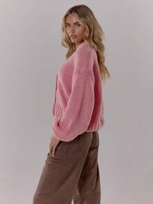 MUSERA Áo khoác cardigan dệt kim tay phồng dáng rộng, cài cúc, dễ thương, thanh lịch, phong cách thường ngày, gợi cảm, thích hợp đi chơi, dự tiệc tối, mùa đông. - Hồng - Xem 4