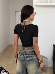 Coolane Women's Spring Streetwear Western Wear Chic Y2K Leopard Knit Black Slim Fit Halter 2in1 T-Shirt - Black - View 6