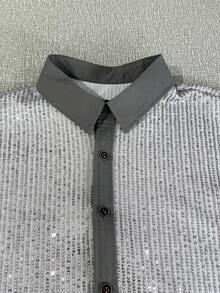 Manfinity AFTRDRK 男士拼接亮片装饰长袖衬衫，镶钻男装，闪亮衬衫，亮片衬衫，男士奢华服装，2026新年快乐金色男士夹克 - 淺灰色 - 查看 4