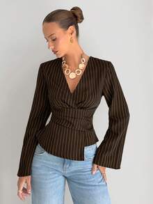 Siren Gaze Women's Striped Print Ruffle Asymmetric Hem Long Sleeve Blouse Spring Elegant Brown - Coffee Brown - View 1