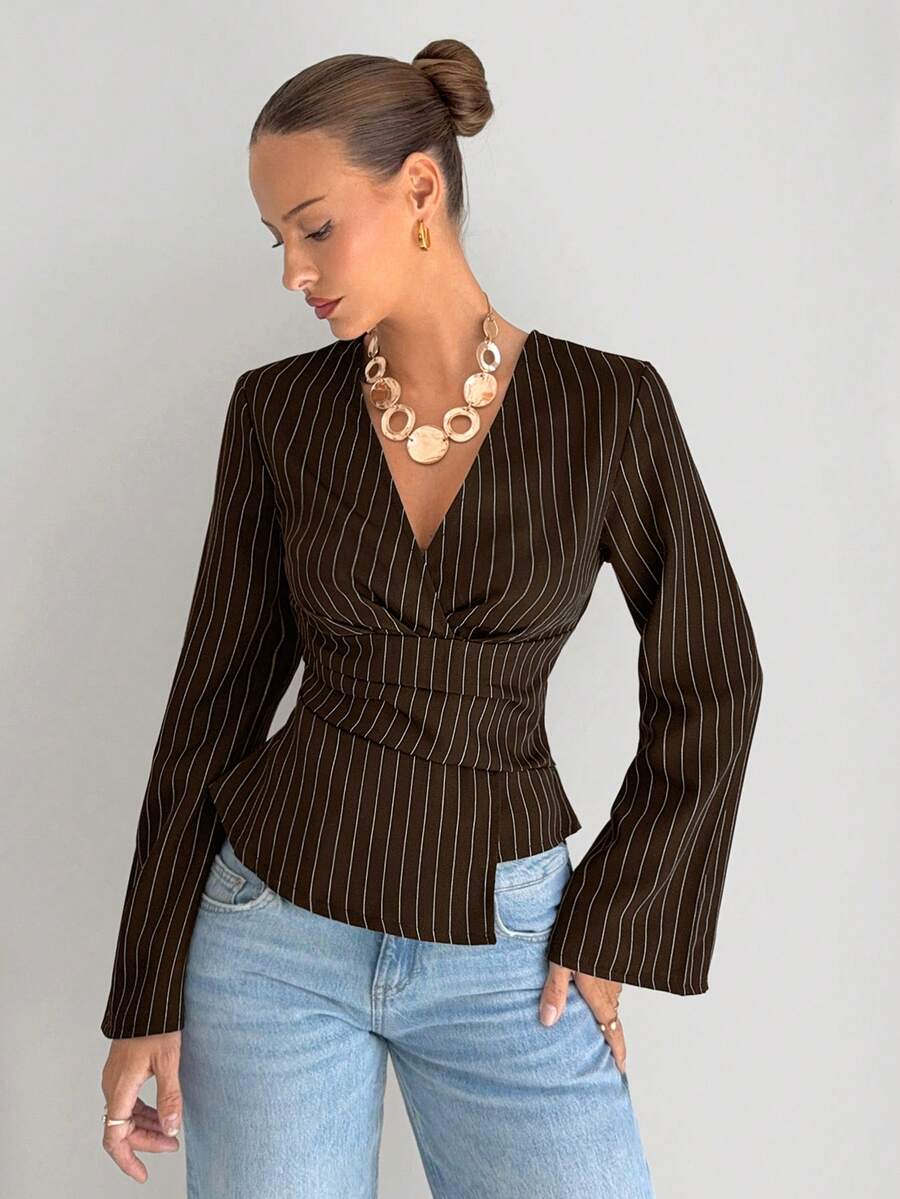 Siren Gaze Women's Striped Print Ruffle Asymmetric Hem Long Sleeve Blouse Spring Elegant Brown - Coffee Brown - View 1