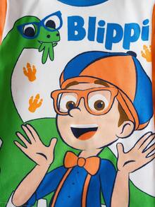 Blippi X SHEIN 两件套男童卡通可爱休闲恐龙卡通人物图案T恤和恐龙印花打底裤睡衣套装 - 白色 - 查看 6