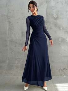 Firerie فستان ماكسي أنيق للنساء بأكمام طويلة وياقة مستديرة وخصر منتفخ، لون أصفر فاتح، مناسب للمناسبات الرسمية والعمل والعطلات والحفلات والأسلوب الكلاسيكي - أزرق بحري - مشاهدة 3