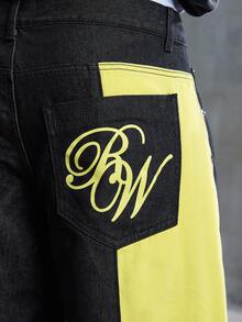 ROMWE MEN Street Life Spring Casual Graphic Men'S Loose Straight Leg Color Block Jeans - Black - View 5