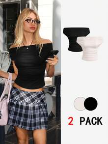 2 件套纯色露肩荷叶边上衣，夏季新款百搭百搭女装 - 彩色 - 查看 3