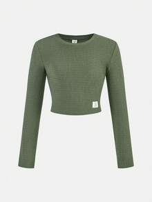 SHEIN 2pcs Tween Girls Casual Set: Crew Neck Long Sleeve T-Shirt + Flare Pants, Autumn/Winter Outfit - Army Green - View 3