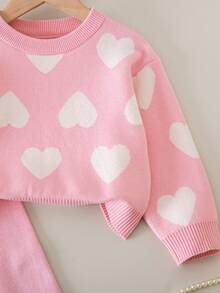 Genkimix Kids Girls Pink Heart Pattern Jacquard Knit Sweater & Pants 2-Piece Set,Cute Autumn/Winter Holiday Kids Two Piece Sweater Sets - Baby Pink - View 5