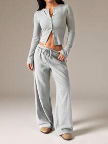 SHEIN PETITE Women Luxurious Ribbed Knit Co-Ord Set Long Sleeve Button Up Cardigan With Wide Leg Pants Fall Winter Loungewear - Grey - View 6