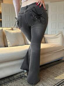 Dazy Plus Washed Distressed Elastic Fitted Flare Jeans With Back Pocket Tie Design, Long Denim Pants, Plus Size Women, All Season - Black - View 5