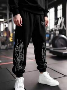 Manfinity Sport Corelite 男士哥特印花抽绳腰带口袋休闲运动裤 - 黑色 - 查看 4