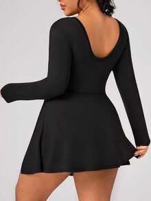 Rhythm Era Plus Size Women Boat Neck Tie Pocket Bow Decor Split Hem Casual Everyday Outdoor Sports Long Sleeve Dress