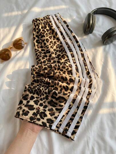 SHEIN Young Girl Mommy Matching Casual All-Match Versatile Commute Daily Vintage American Sporty Leopard Print White Contrast Color Ribbon Bow Loose Straight Leg Pants,Holiday,Summer,Travel