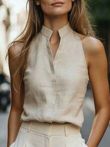 Balvessa Women's Sleeveless Mandarin Collar Linen-Like Tank Top, Versatile And Slimming For Commuting - Apricot - View 1
