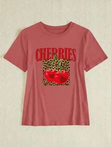Playera casual para mujer estilo moda, con estampado de cerezas y leopardo, corte holgado, cuello redondo, manga corta, para primavera y verano, uso diario - Marrón rojizo oscuro - Ver 1