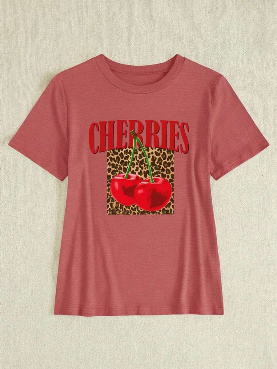 Playera casual para mujer estilo moda, con estampado de cerezas y leopardo, corte holgado, cuello redondo, manga corta, para primavera y verano, uso diario - Marrón rojizo oscuro - Ver 1
