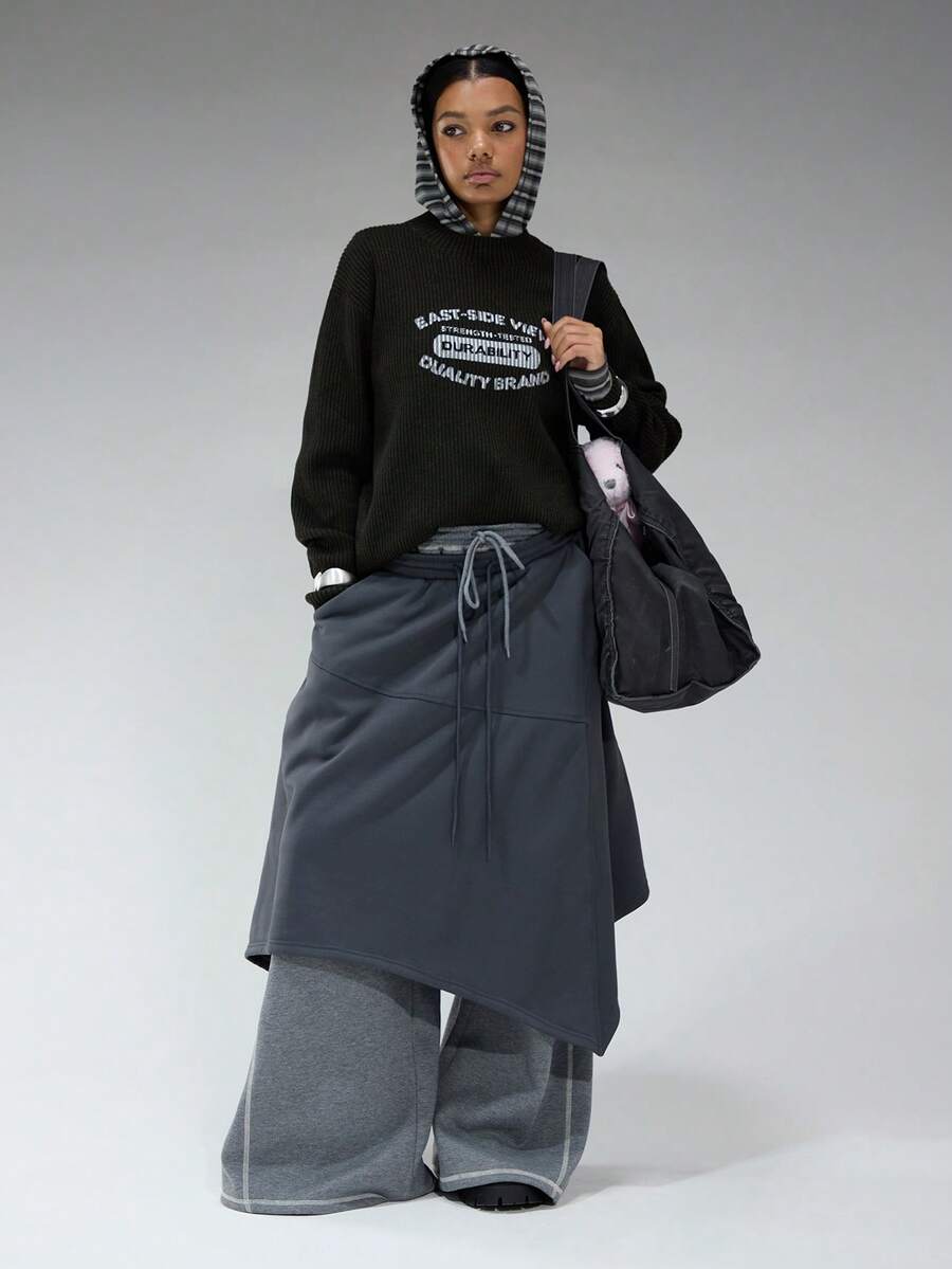 COUREZ Boxy Rib Sweatshirt With Front Graphic /Y2K Sweatshirts For Women Spring Clothes For Women Cozy - Dark Grey - View 1