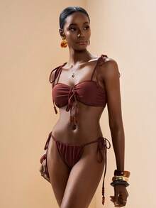 Zivah Nouveau bikini élégant et décontracté pour les vacances à la plage, avec nœud réglable et perles, rouge foncé et marron - Tabac - Voir 4