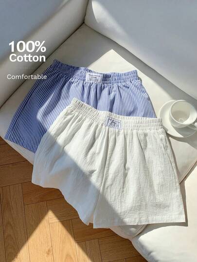 Comfortcana Women's Summer Casual Loose Fitting Shorts, 2pcs/Set Women Summer Casual Linen Bowknot Striped Shorts And White Drawstring Wrap Shorts Set Suitable For Beach Holiday,Micro Shorts