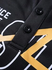 ROMWE MEN Prep Men's Minimalist Print Long Sleeve Polo Shirt - Black - View 6