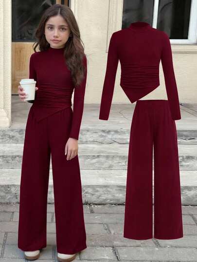 SHEIN Tween Girl Casual Basic Minimalist Comfortable High-Stretch Fleece Stand Collar Asymmetric Ruched Fitted Top And Relaxed Wide Leg Pants 2-Piece Set, Back To School, Suitable For Daily Outings