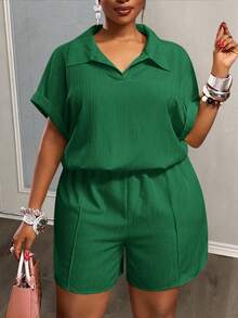 Veslaya 秋冬新品，女士秋冬/万圣节/冬季服装，大码，音乐节/万圣节服装，复活节，西部风，游牧风，生日派对，毕业典礼，学生装，日常穿着，百搭基础款，休闲装，度假，邮轮旅行，海滩，日光浴，潮流单品，女士黄色罗纹Polo领宽松短袖短裤套装，大码家居服套装，夏季工作服衬衫，女士工作服，女士曲线身材工作连衣裙，女士工作服，工作衬衫 - 綠色 - 查看 13