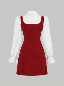 SHEIN MOD Đầm nữ màu trơn phối nhiều mảnh, cài khuy trước và trang trí nơ, kiểu dáng tối giản, phong cách thường ngày. - Đỏ - Xem 2