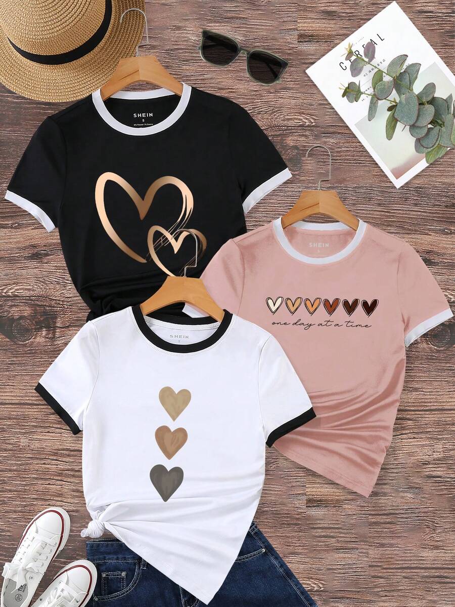 Women's Heart Print Short Sleeve Colorblock Round Neck T-Shirt - Multicolor - View 1