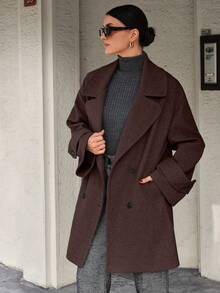 EURMUSE Oversized Boxy Double-Breasted Overcoat - Chocolate Brown - View 3