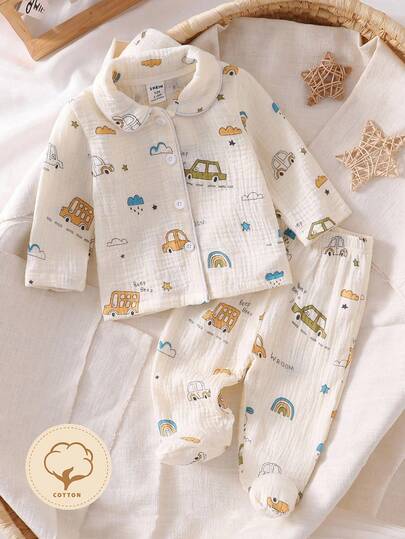 2pcs Newborn Baby Cotton Crepe Car Pattern Soft Long Sleeve Cardigan Top And Footed Pants Pajama Set Newborn Baby Boy Clothes Baby Boy Car Print Romper Baby Boy Pajamas Cotton Baby Clothes Fall Winter