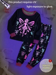 Snug Fit Pajama Set For Young Girl,  Dark Blue Pink Blue Dreamy Fairy Glow-In-Dark Fiber Fitted Loungewear 2-Piece Combo Dreamy Fairy Wings Stars Glow-In-Dark Design Dark Blue Pink Blue Fairy Color Round Neck Long Sleeve Dreamy Fairy Top Glow-In-Dark Fiber Fitted Pants Fiber Set 2-Piece Combo Social Media Style Dreamy Fairy 2026 New Year Holiday Essential Spring Summer Autumn Winter Little Girls Dreamy Fairy Glow-In-Dark .This Product Requires UV Light Exposure To Glow.