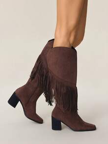 Styleloop Bốt cao đến đầu gối tua rua màu trơn thường ngày dành cho nữ, Thu/Đông - Cà phê nâu - Xem 3